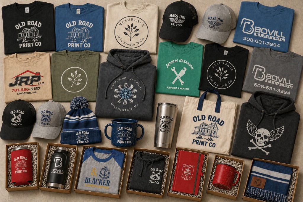 Custom screen printed and embroidered apparel, headwear, drinkware, and promotional products by Old Road Print Co.